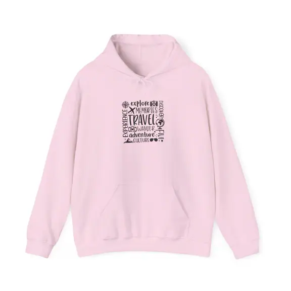 Travel Words Graphic Hoodie, Medium-Heavy 50/50 Blend
