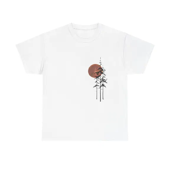 Minimal Sunset Pines Graphic T-Shirt, 100% Cotton