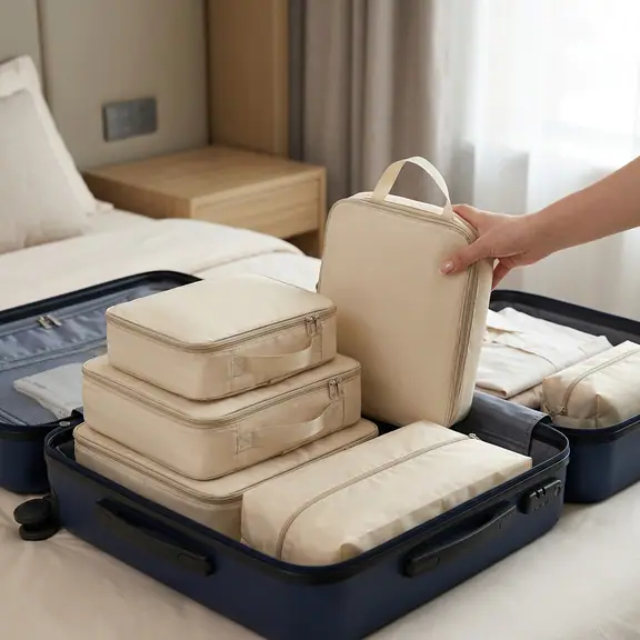Hand placing beige packing cubes into an open navy suitcase on a bed