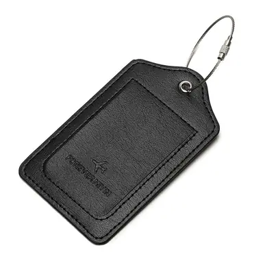 Black faux leather luggage tag with an embossed airplane, window pocket and steel loop