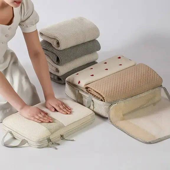 Hands pressing clothes flat into an off-white cube with folded towels behind