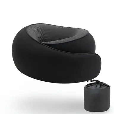Black U-shaped memory foam neck pillow with grey mesh lining and a drawstring pouch