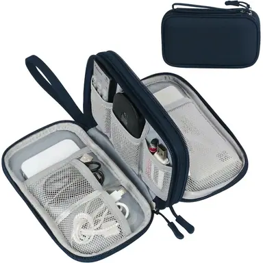 Navy electronics organizer opened to show mesh pockets holding a charger, mouse and cables