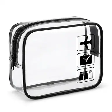 Clear zip toiletry bag with black trim and printed airplane, suitcase and bottle icons