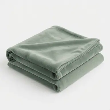 Sage green plush velvet blanket, folded in a neat stack